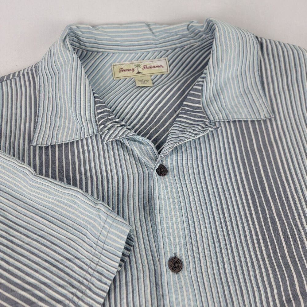 Tommy Bahama Mens L Silk Hawaiian Beach Shirt Blue Stripe Vacation Casual Cruise